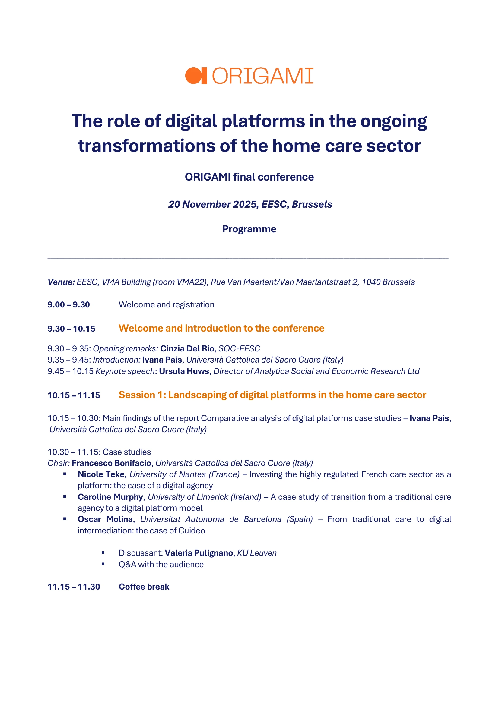 Conférence finale ORIGAMI - Home Care Digital Platforms and Industrial Relations