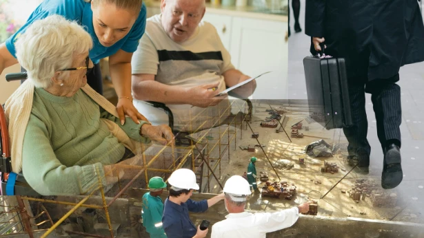 Photomontage d'un homme tenant un attaché-case, une femme assistant une femme à mobilité réduite et des architectes et ouvriers sur un chantier