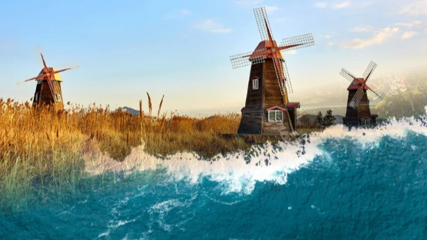 Images d'un champ de blé avec un moulin et d'un bord de mer 